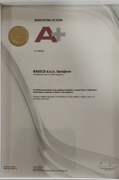 Certifikat bonitetne ocjene A+ izdat firmi Basics d.o.o. Sarajevo